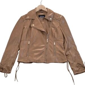 NWT Guess Faux Leather Motorcycle Jacket‎ Lace Up Sleeves Tan Brown M